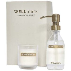 Dispensador de jabón de manos de 250 ml y juego de velas aromáticas de 150 g con fragancia de lino fresco Wellmark Discovery